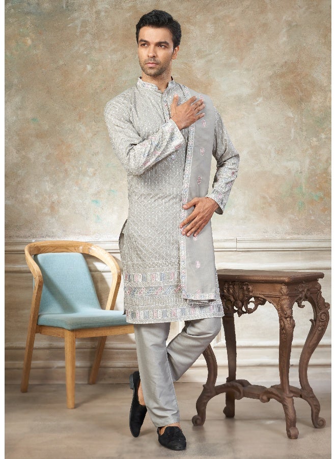OUTLUK Grey Embroidered Kurta and Pajama Set for Men - Image 3